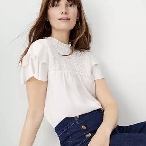 Ann Taylor White Ruffle Sleeve Blouse